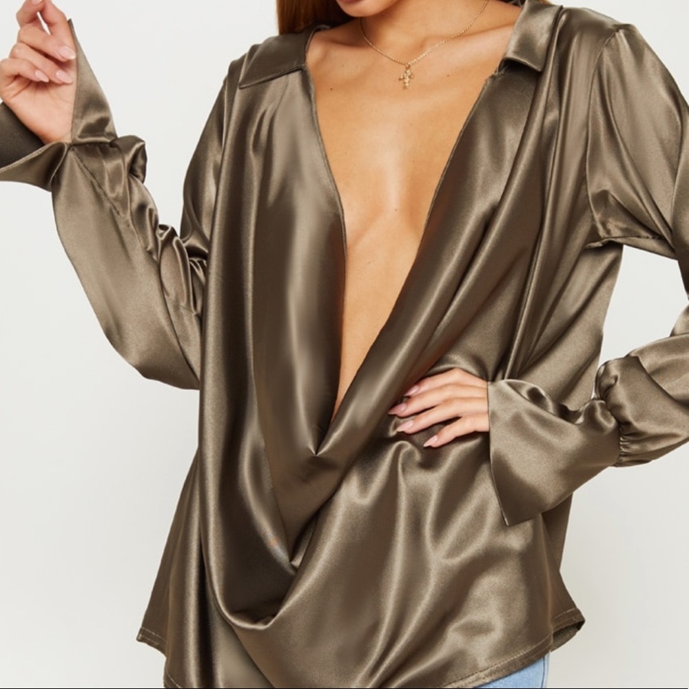 Kaki extreme cowl longline satin shirt